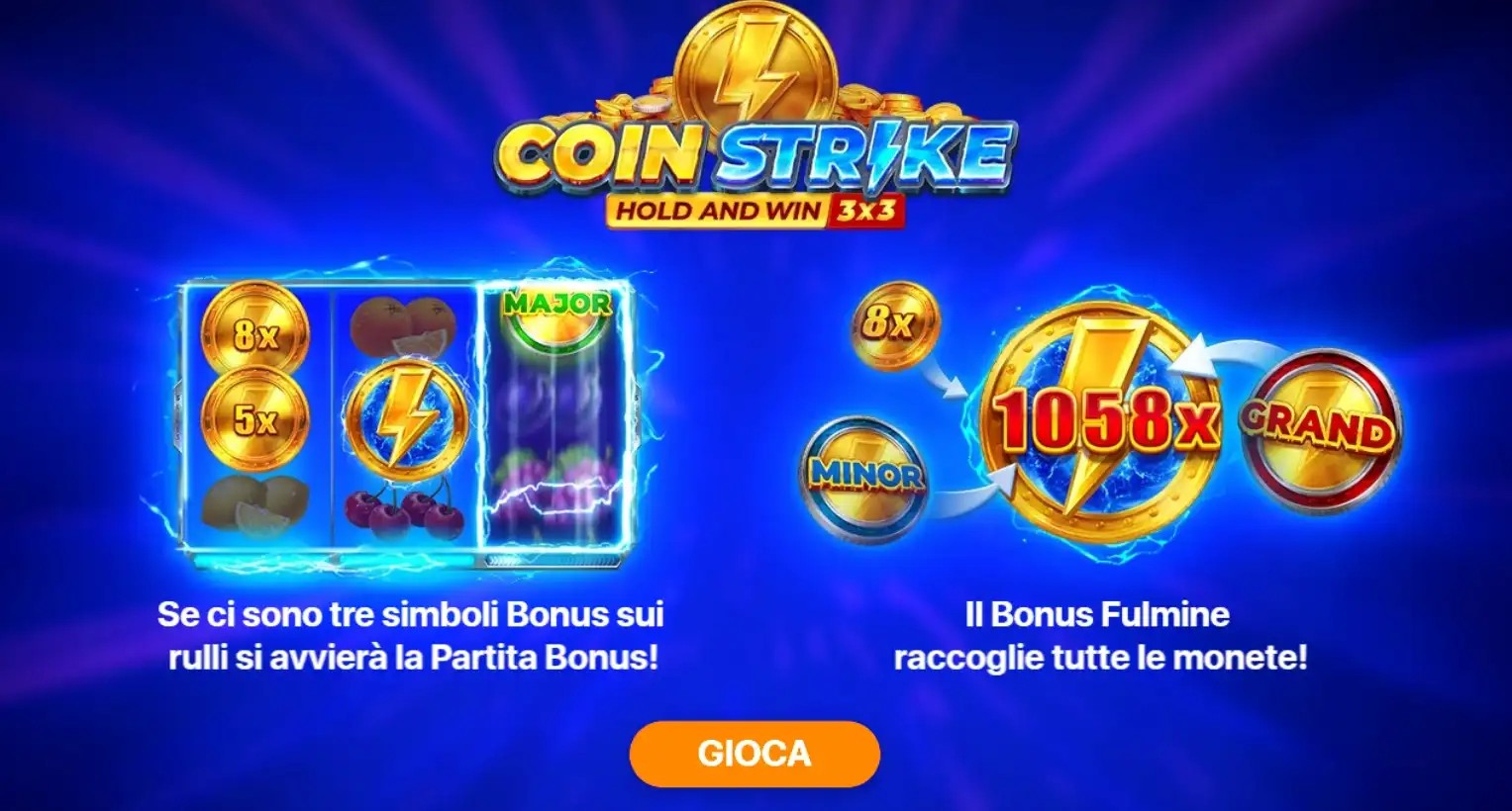 Coin Strike Hold and Win slot bonus screen with lightning coin feature and multipliers