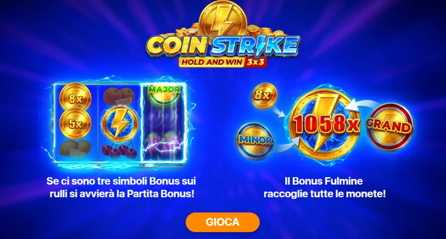 Coin Strike Hold and Win slot bonus screen with lightning coin feature and multipliers